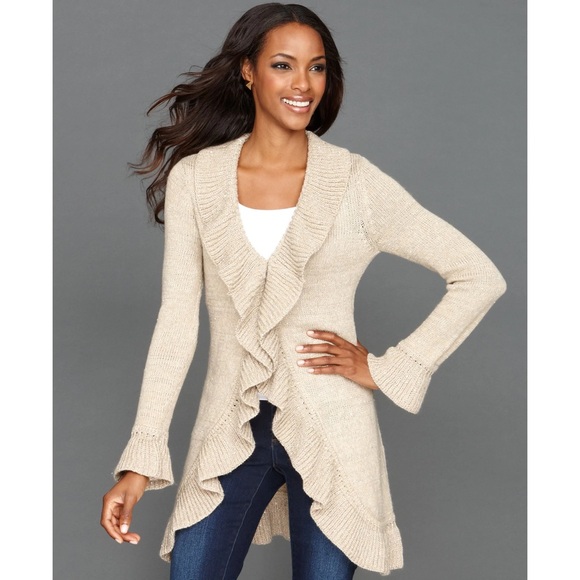 INC International Concepts Sweaters - INC International Concepts Long Sleeve Sequin Knit Ruffle Cardigan Sweater